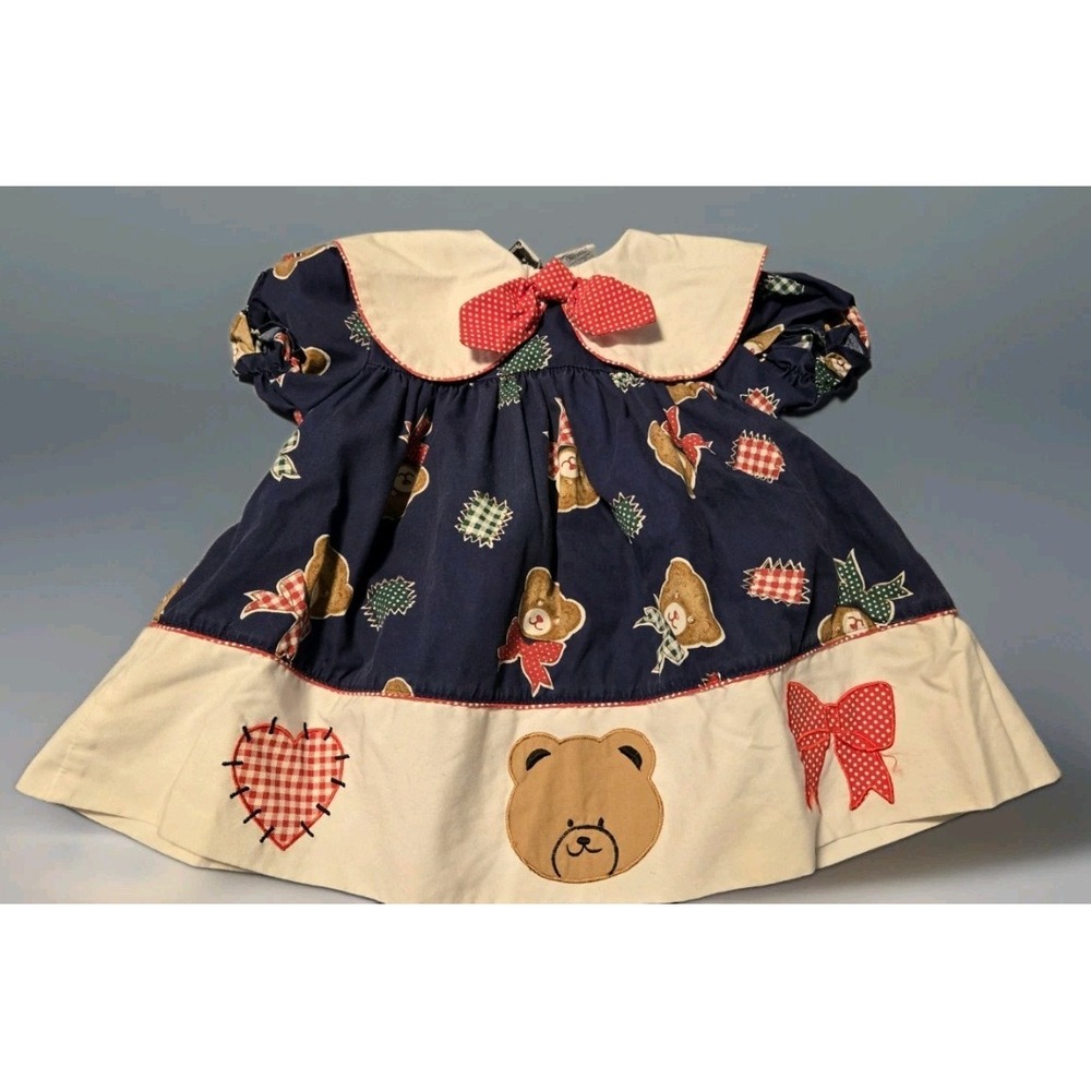 Vintage Mayfair Kids Baby Dress 12M Teddy Bear Sailor Collar Bow Cottagecore